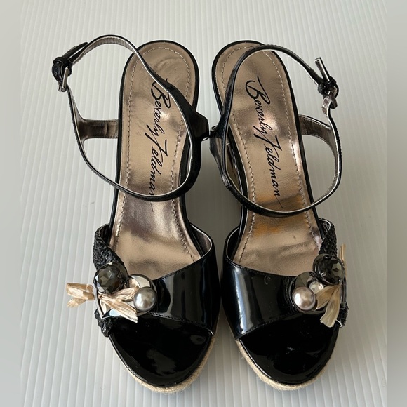 Beverly Feldman Black Patent Embellished Leopard Espadrille Wedges Sz 9 *READ - Picture 2 of 6